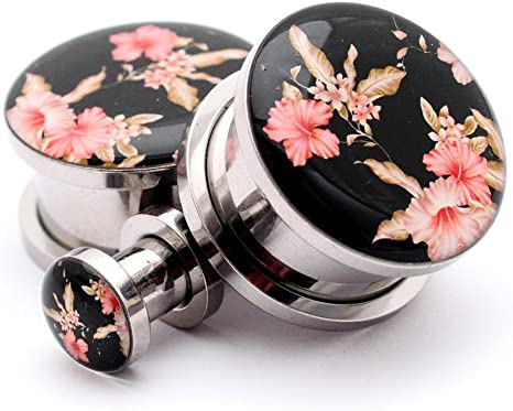Mystic Metals Body Jewelry Screw on Plugs - Vintage Floral Style 5 Picture Plugs - Sold As a Pair