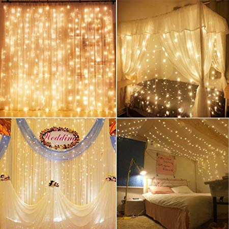 Decute Curtain Lights, 9.8 X 9.8ft 306 LED Starry Fairy Icicle Light For Wedding, Bedroom, Bed Canopy, Garden, Patio, Outdoor Indoor (Warm white) (Warm Curtain Lights)