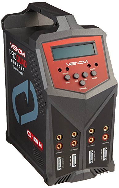 Venom Pro Quad 400 Watt (100W x 4) 7 Amp 4-Port AC/DC Multi-Chemistry LiPo, LiHV, NiMH Battery Balance Charger with Two 5V 2.3A USB Outputs with XT60, Deans, HXT, Tamyia, EC3, JST