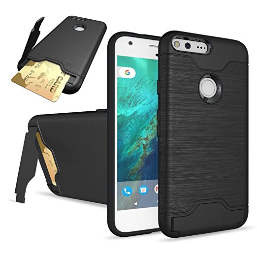 Google Pixel Case, SUMOON [Card Slot Holder] Dual Layer Advanced Shock Absorption Protective with Card Holder and Kickstand Wallet Case Heavy Duty Bumper for Google Pixel 2016 (Black)
