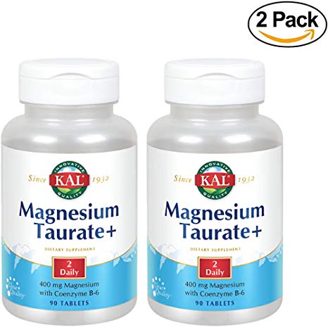 KAL® Magnesium Taurate Plus 400mg w/Coenzyme B6 | Highly Bioavailable, Chelated, Vegan | for Normal Nerve, Muscle Function and Heart Health | 90 Tabs | 2 pk