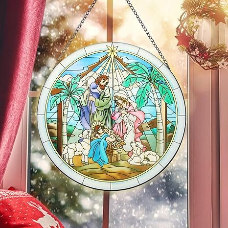 MUMTOP Stained Glass Window Hanging-Suncatcher for Window - 12 Inch Nativity Scene Suncatcher Christmas Nativity Sets Hanging Ornaments, Hand-Painted Glass Panel Home Decor for Grandma,Mom