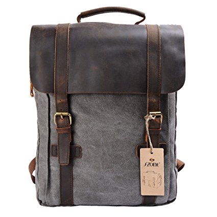 S-ZONE Retro Canvas Leather School Travel Backpack Rucksack 15.6-inch Laptop Bag Dark Gray