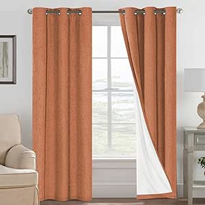 H.VERSAILTEX 100% Blackout Curtains for Bedroom Thermal Insulated Linen Textured Curtains Heat and Full Light Blocking Drapes Living Room Curtains 2 Panel Sets, Orange, 42x84 Inch