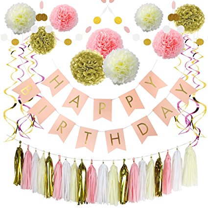Pink and Gold Birthday Decorations, Pom Poms Flowers , Paper Garland , Tassels, Hanging Swirl for 1st Birthday Girl Decorations Kids Birthday by Litaus