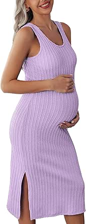 Ekouaer Women's Maternity Dress Rib Knit Sleeveless Tank Side Slit Bodycon Dresses Pregnancy Clothes S-XXL