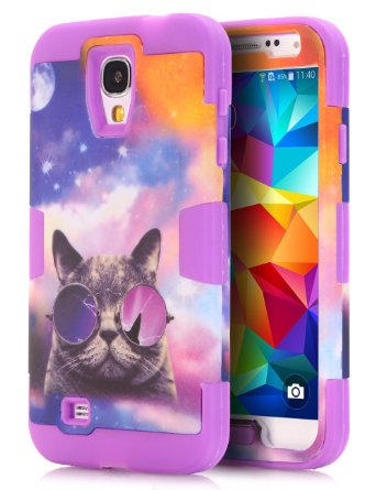Galaxy S4 Case, S4 Case - SKYLMW [ Shock Resistant Series ] Hybrid Rubber Case Cover for Samsung Galaxy S4 IV i9500 3in1 Hard Plastic  Soft Silicone Cat Purple