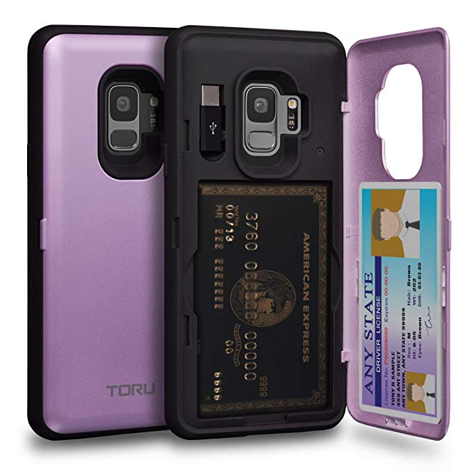 TORU CX PRO Galaxy S9 Wallet Case Purple with Hidden Credit Card Holder ID Slot Hard Cover, Mirror & USB Adapter for Samsung Galaxy S9 - Lavender