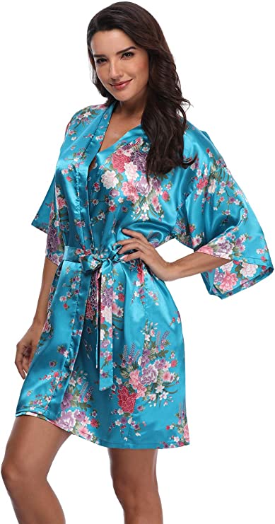 Women's Floral Short Satin Bridesmaid Robes Silky Bride Robes Getting Ready