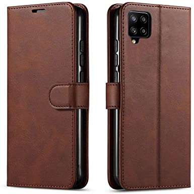 STARSHOP- Samsung Galaxy A12 Phone Case, [Not Fit A21 / A11] with [Tempered Glass Protector Included] Leather Wallet Cover With Pockets And Credit Card Kickstand - Brown