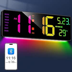 XREXS 16.3" Large Digital Wall Clock with Remote Control, Bluetooth Sync Time, 6 Color Night Lights, Adjustable Dimmer 10 RGB Color Changing Wall Clock Large Display,Desk Decor for Elderly