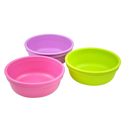 Re-Play Made in the USA 3pk Bowls for Easy Baby, Toddler, and Child Feeding - Bright Pink, Purple, Green (Butterfly)