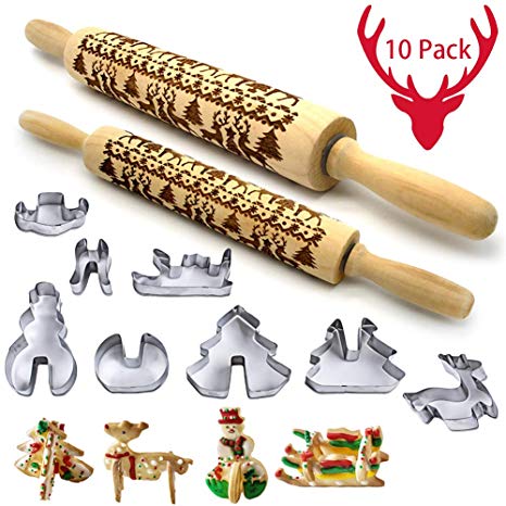 Christmas Wooden Rolling Pins,Engraved Embossing Rolling Pin with Christmas Deer Pattern for Baking Embossed Cookies,Rolling Pin Kitchen Tool (2 Pack)