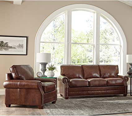 Overstock Made in USA Revo Top Grain Leather Sofa Bed and Chair Chestnut Brown