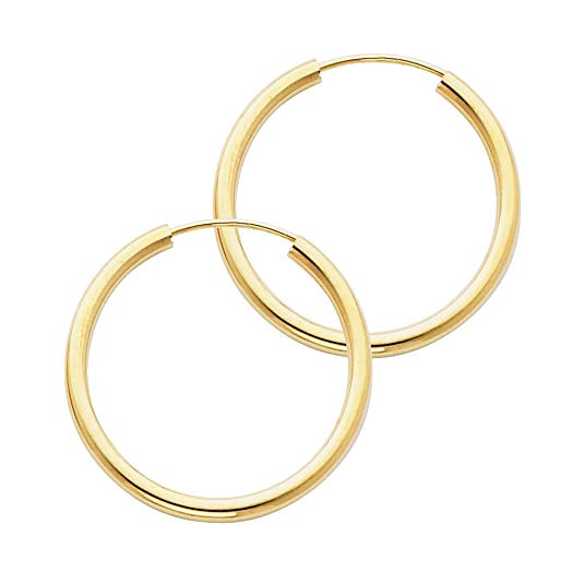 14k Yellow Gold 2mm Thickness Endless Hoop Earrings - 9 Different Size Available