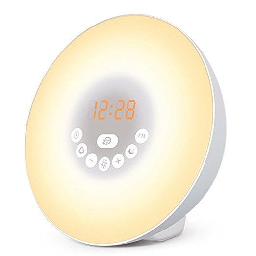 HaloVa Wake Up Light, Sunrise Alarm Clock, Sunset Fading Bedside Night Light LED Lamp with Colored Sunrise Simulation Alarm Clock & FM Radio for Adults, Kids, White