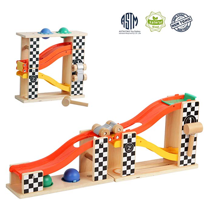 TOP BRIGHT Pound and Roll Tower Toddler Toys Race Track with Hammer and 2 Balls Wooden Pounding Toy for 1 2 Year Old