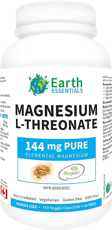 Earth Essentials Magnesium L-Threonate Magtein 2,000 mg per serving144 elemental Magnesium - BONUS Size 150 Veggie Caps (120 30 FREE)