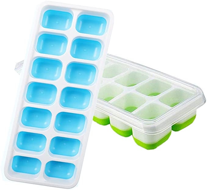 AOCKS Ice Cube Trays with Lids Easy Release Silicone Ice Cube Tray with Lids BPA Free Stackable Durable and Dishwasher Safe - Blue & Green (1 Blue1 Green)