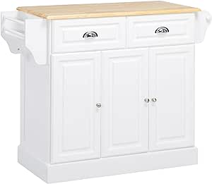 HOMCOM Kitchen Island on Wheels, Rolling Kitchen Cart with Rubber Wood Top, Towel Rack, Spice Rack, Storage Drawer and Cabinet (White)
