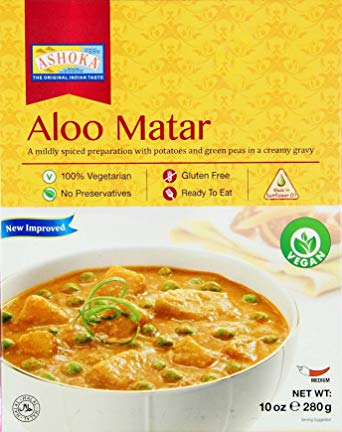 Ashoka Microwaveable Ready to Eat Meals - Aloo Matar Mildly Spiced Potatoes and Green Peas in a Creamy Gravy (Pack of 4)