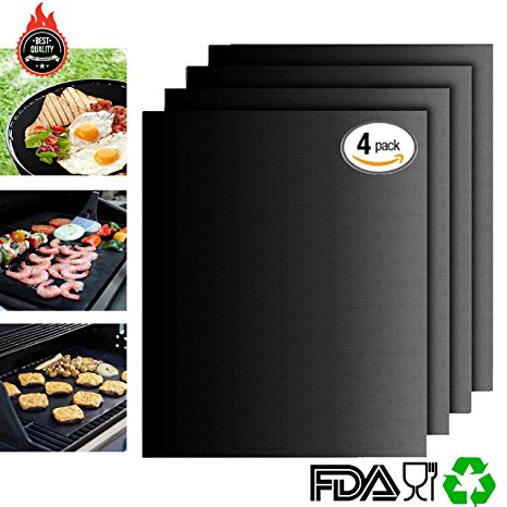 Awekris Grill Mat - Set of 4 Non Stick BBQ Grilling Mats - Heavy Duty, Reusable, and Easy to Clean - Extended Warranty (Pack 4)
