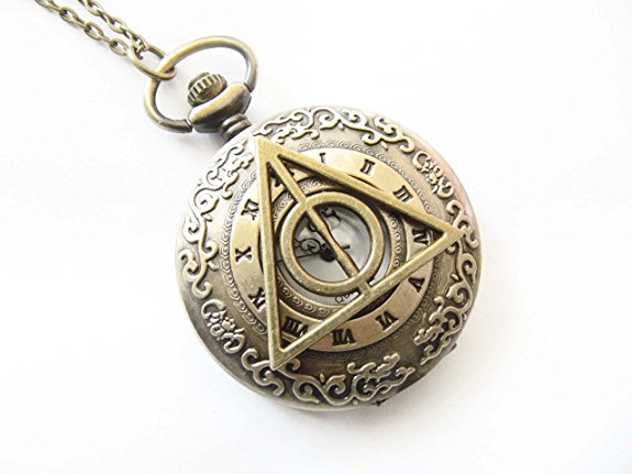 Antique Bronze Harry Potter Deathly Hallows Pocket Watch with Chain Vintage Quartz Steampunk Necklace