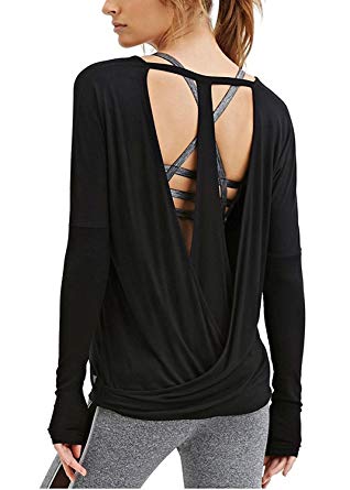 Ssyiz Women's Workout Long Sleeve Yoga Tops Open Back Top Thumb Hole Shirts