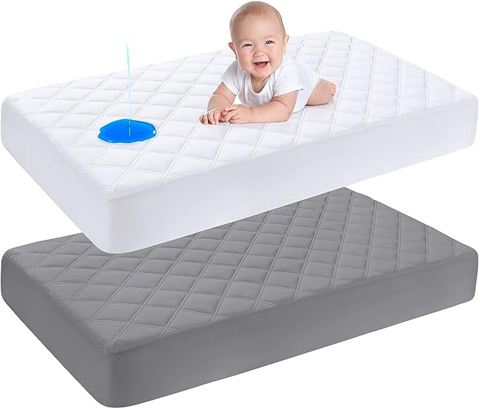 Yoofoss 2 Pack Waterproof Crib Mattress Protector, Quilted Fitted Crib Mattress Pad, Ultra Soft Breathable Toddler Mattress Protector Baby Crib Mattress Cover(52''x28'')