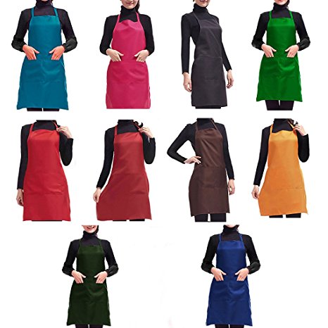 Trendbox 1 Set (10PCS) WATERPROOF Plain Color Bib Apron Adult Women Unisex w/ Front Pocket Washable For Cooking Baking Kitchen Drawing