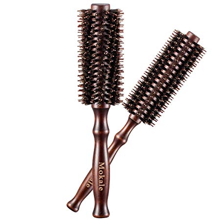 Mokale 100% Natural Boar Bristles Hair Brush-Pairs Styling Essentials Round Curling Combs with Ergonomic Natural Wood Handle-For Short to Long Hair Detangler Brush
