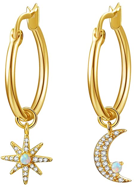14K Gold Plated Huggie Hoop Earrings with Moon/Star/Ball Charms, with Cubic Zirconia & Opal Dangle Drop Earrings, Jewelry Gift for Women Girls