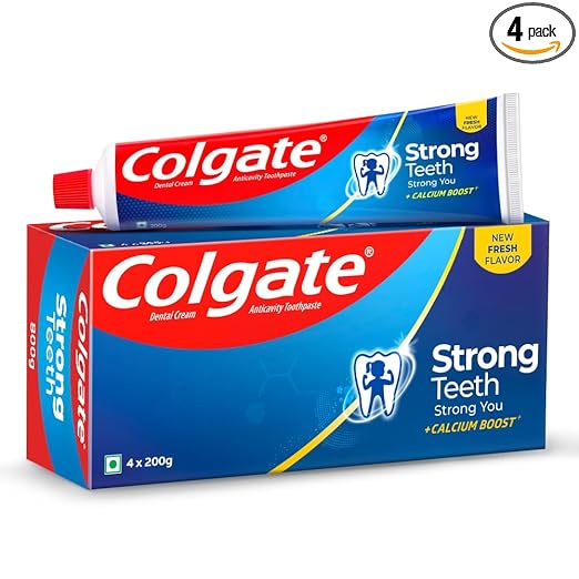 Colgate Strong Teeth, 800g (Combo Pack, 200g*4), India’s No: 1 Toothpaste Brand, Calcium-boost for 2X Stronger Teeth, Prevents cavities, Whitens Teeth, Freshens Breath