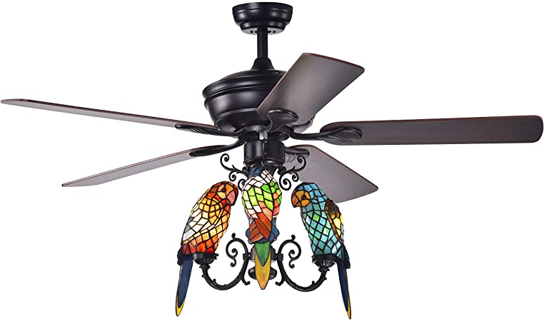 Warehouse of Tiffany CFL-8393REMO/BL Korubo 3 52-inch Lighted Tiffany Style Parrot Shades (Remote Controlled) Ceiling Fan, Black
