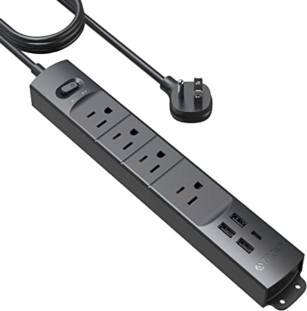 TROND 10ft Long Extension Cord USB C, Thin Flat Plug Power Bar Surge Protector, Slim Power Strip, 4 Outlets 4 USB Ports, 1440 Joules, Wall Mount for Office Accessories Dorm Room Travel Essentials