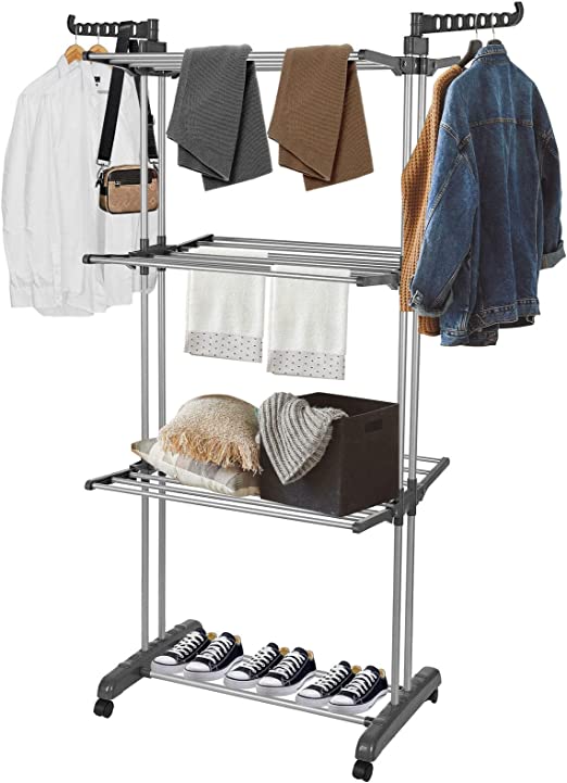 SortWise Foldable 4-Tier Clothes Drying Rack, Steel Garment Laundry Hanger Rack with 2 Side Wings and 4 Casters, Ideal for All Your Laundry Needs (28.74 x 19.49 x 67.72 in)