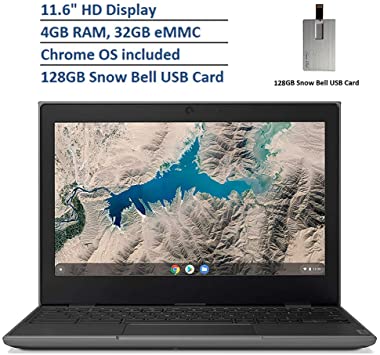 2020 Lenovo 100e Chromebook Computer 2nd Gen 11.6" HD Display, AMD A4-9120C Processor, 4GB RAM, 32GB eMMC, HD Webcam, AMD Radeon R4 Graphics, Chrome OS, Black, 128GB Snow Bell USB Card