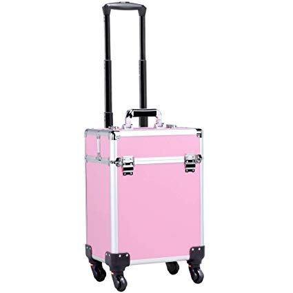 Yaheetech Aluminum Portable Cosmetic Beauty Hairdressing Makeup Box Case Storage Trolley Pink