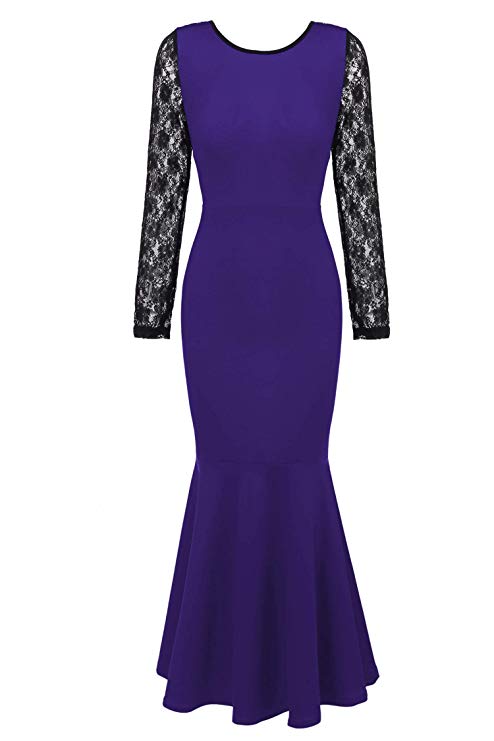 ANGVNS Women's Vintage Long Sleeve Lace Gown Fishtail Evening Bodycon Maxi Party Dress
