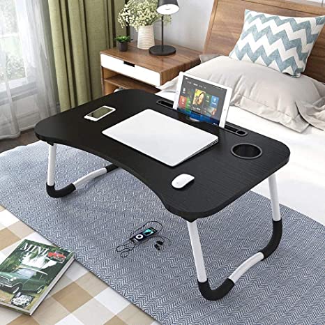 Wokie Foldable Laptop Bed Table Tray, Portable Lap Desk Stand, Multifunction Lap Tablet with Cup Holder Perfect for Eating Breakfast, Reading Book, Working,Watching Movie on Bed/Couch/Sofa (Wood)