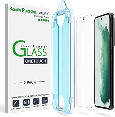 amFilm 2 Pack OneTouch Tempered Glass Screen Protector Compatible with Samsung Galaxy S22 5G [6.1 Inch], 9H Hardness with Easy Installation Kit and Bubble Free, Case Friendly