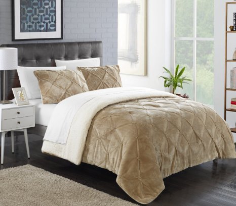 Chic Home 3 Piece Josepha Pinch Pleated Ruffled and Pintuck Sherpa Lined Comforter Set Queen Beige