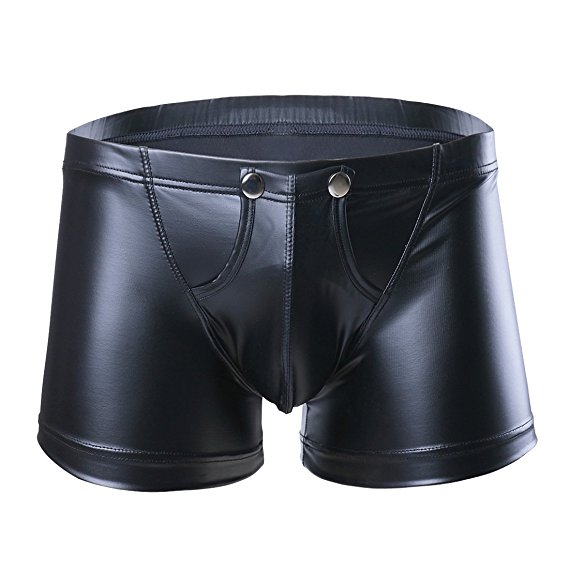 CHICTRY Men's Black Leather Underwear Tight Boxer Briefs Wetlook Swim Shorts With Buckled Pouch