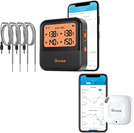 Govee Bluetooth Meat Thermometer with 4 Probes Bundle with Govee Hygrometer Thermometer, Backlight Screen, 230ft Remote Monitoring, Smart Alert Notification for BBQ, Smoker, Oven