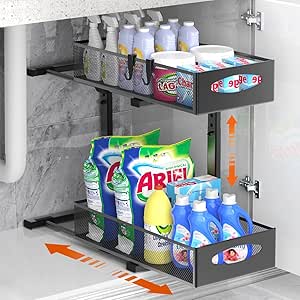 Under Sink Organizer, 2 Tier Metal Pull Out Under Cabinet Organizer with Sliding Drawer, Height Adjustable Slide Out Under Counter Storage Organizer Shelf for Kitchen Bathroom, Black