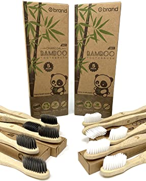 Bamboo Toothbrush, CHARCOAL & WHITE, 10 PACK, Soft Bristle Toothbrush, Eco Friendly & Natural, BPA Free, Wooden Toothbrushes, Zero Waste Products, Organic, Vegan, Tooth Brush, Non Plastic, Environmental