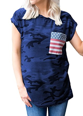 SIXHAVY Womens Short Sleeve Casual Camouflage Printed Pockets Tees