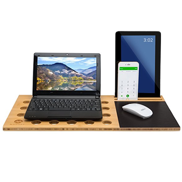 Bamboo Lap Desk Board by MORVAT | Multi-Tasking Laptop Tablet Cellphone Stand Holder with Built-in Mouse Pad