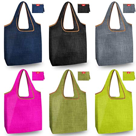 6 Pack Reusable Grocery Shopping Bags Foldable Groceries Totes Washable Nylon Fabric Cloth Durable Light Weight Flat Bottom Shrink Proof For Shopping Trip,Groceries Storage, Library Trip