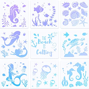 9 Pieces Sea Creatures Stencils 8 Inch Mermaid Seahorse Jellyfish Stencil Templates Ocean Animal Painting Stencils for DIY Cards Making Scrapbook Wall Floor Wood Fabric Painting